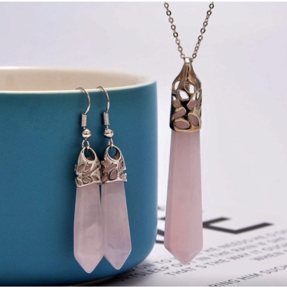 Natural Rose Quartz 925 Sterling Silver Earrings and necklace set